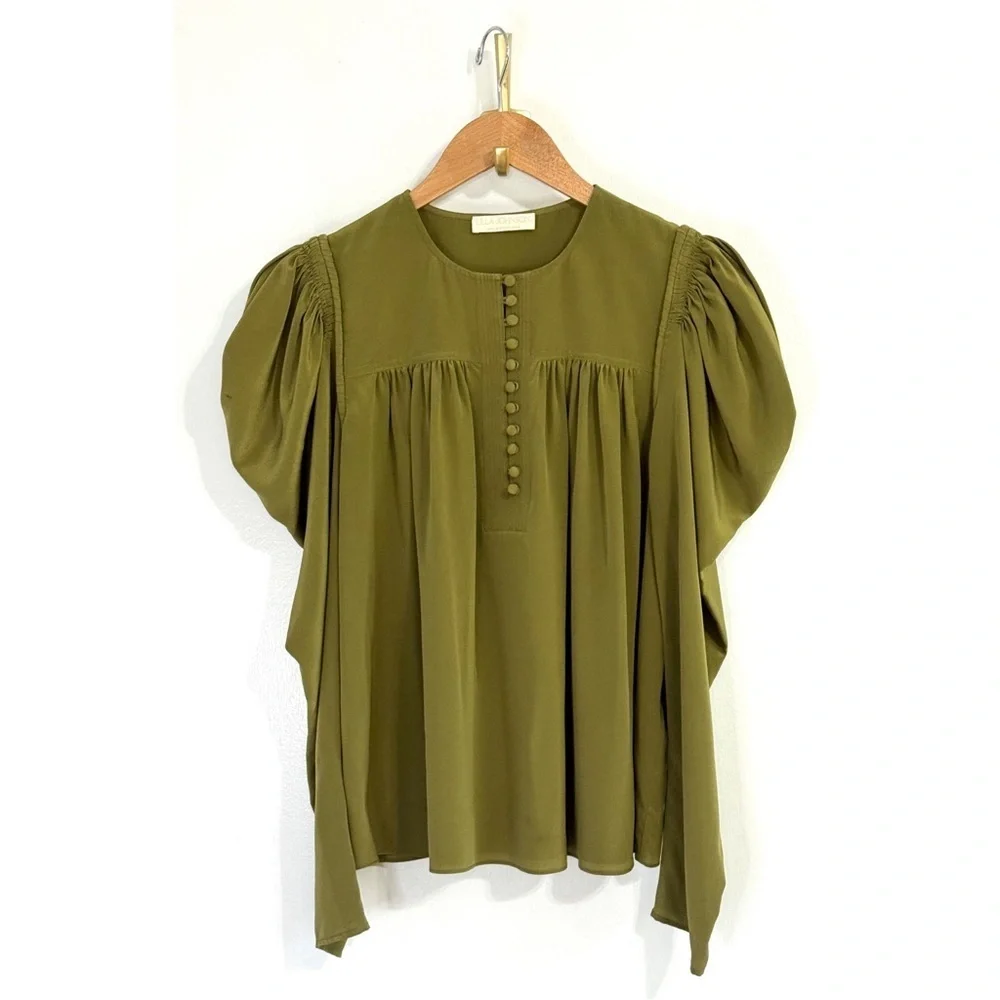 Ulla Johnson Silk Long-Sleeve Green Button-Front Lela Blouse